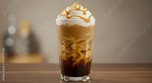 Obraz offee frapuccino, thin and even glass. dark at bottom. swirls in the middle. cream with caramel sauce on top