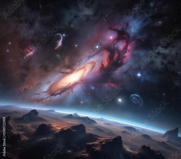 Fototapeta Celestial view of a distant galaxy with stars and nebulae ,  cosmos background,  cosmos, galaxy