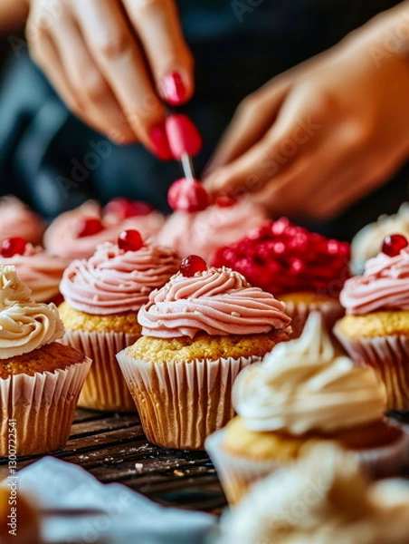 Obraz A couple cooking together, decorating cupcakes with red and pink frosting