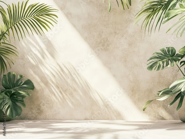 Fototapeta Minimalist background with tropical plant shadows on wall. Sunlight casting tropical plant shadows on a textured wall, creating a minimalist and natural aesthetic background