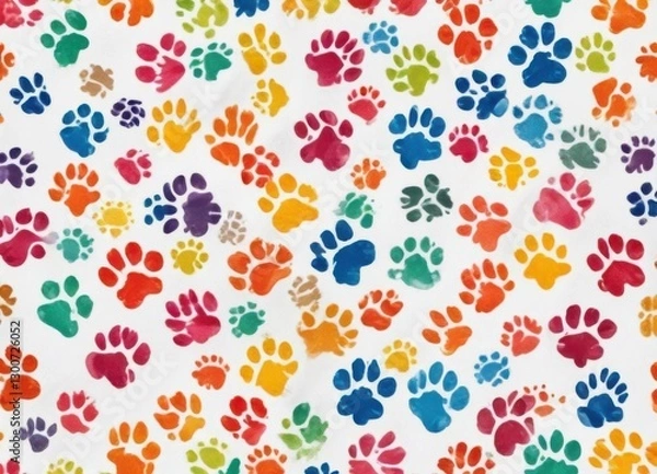 Fototapeta Colorful dog paw print seamless pattern on white background ,  animal wallpaper,  puppy prints,  pet graphics