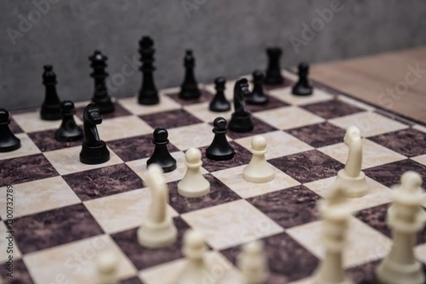 Fototapeta Chess Battle Lineup – Strategic Confrontation on Marble Board