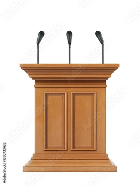 Fototapeta a wooden podium with three microphones positioned on top. suggesting it is intended for speeches or presentations the podium features a classic design with two panels on the front. set against a plain