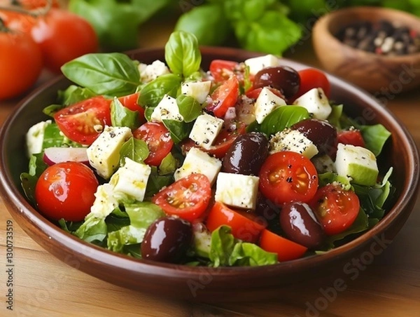 Obraz Rustic Greek Salad in a Wooden Bowl