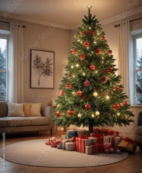 Fototapeta Evergreen tree with ornaments and lights in a cozy living room background,  warm ambiance,  twinkling lights, evergreen tree