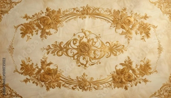 Fototapeta Floral vignette with swirling calligraphic patterns in golden ink on parchment paper,  golden,  vines