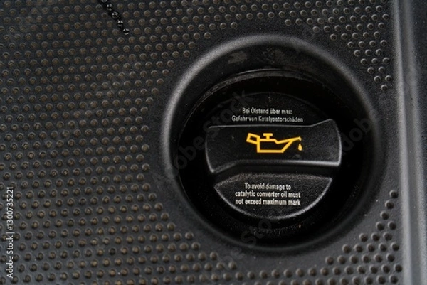 Fototapeta Engine Oil Cap with Warning Icon and Text on Car Engine Cover