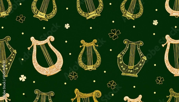 Fototapeta Seamless pattern of ornate golden harps and clovers on a dark green background, copy space