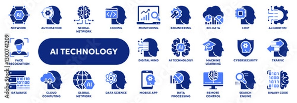 Fototapeta Set of vector solid icons related to artificial intelligence, machine learning, data science. Symbols for website or app ui, logo design, illustration
