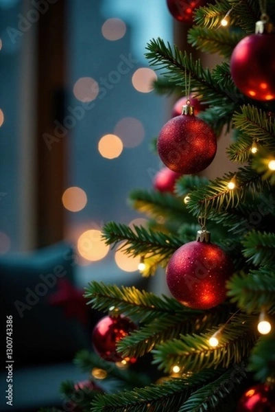Fototapeta Glittering Christmas tree with ornaments against blurred background of twinkling fairy lights, Decorative, Holiday Decorations