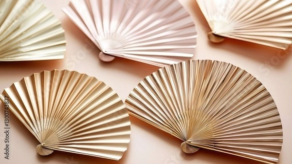 Fototapeta Elegant Golden and Pink Paper Fans Displayed on Beige Surface in Studio