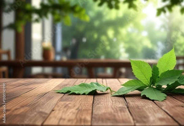 Fototapeta Green leaf bokeh against wooden table in a peaceful environment,  green leaf,  natural