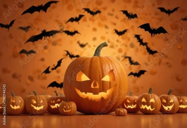 Fototapeta Halloween typography on orange background with jack-o-lanterns and bats,  autumn,  bats