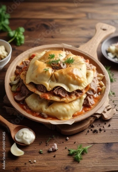 Fototapeta Heaped maultaschen filled with meat and onions on a wooden table ,  swabian cuisine,  German,  #maultaschen