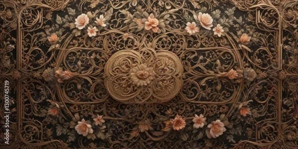 Fototapeta Intricate calligraphic design featuring floral motifs and geometric patterns,  calligraphy,  scroll design