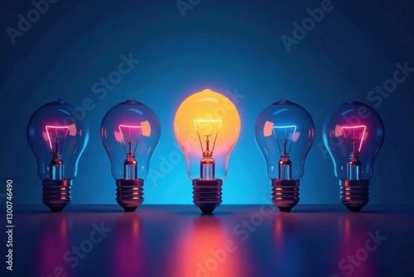 Fototapeta Light bulbs in a row with one glowing bulb in the center, electric ambiance, LED light