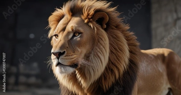Fototapeta Majestic lion with shimmering fur in virtual reality environment,  nature,  mythical beasts