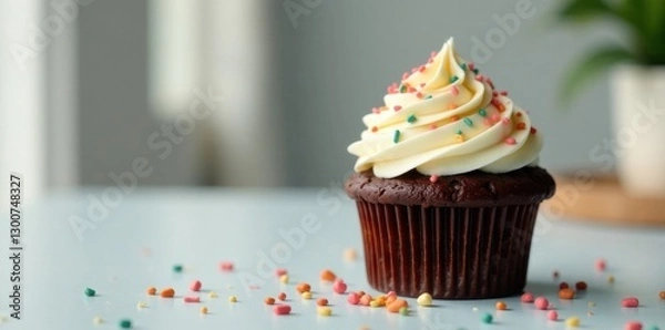 Fototapeta Moist chocolate cupcake topped with creamy buttercream frosting and colorful sprinkles on a minimalist table setting in a bright room , birthday, dessert