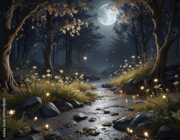 Fototapeta Mysterious forest floor covered in silver and gold florals and constellations under moonlight ,  gold,  etalages