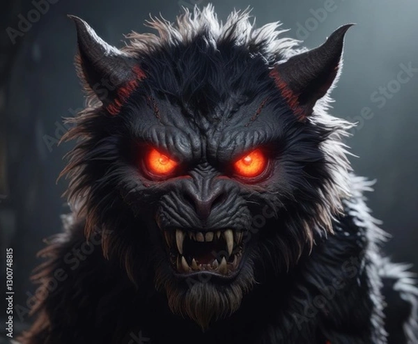 Fototapeta Mysterious monster with shaggy fur and glowing red eyes,  fauna,  orange,  beasts