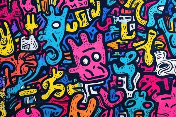 Fototapeta A colorful drawing of various cartoon faces and animals