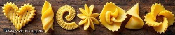 Fototapeta Pasta shapes arranged artfully on a rustic wooden table, handmade pasta, kitchen decor