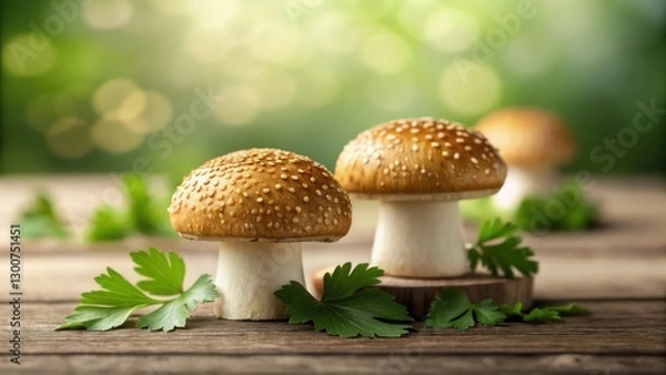 Fototapeta two mushrooms with spots are beautifully displayed on a wooden surface, and the background with blurry green bokeh