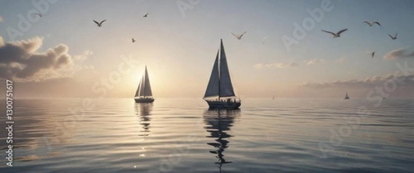 Fototapeta Sailboat in calm waters with seagulls flying above ,  gulls,  sailing,  nature