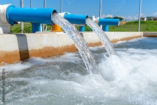 Obraz Blue Pipes Pumping Water into Concrete Basin in Bright Sunlight