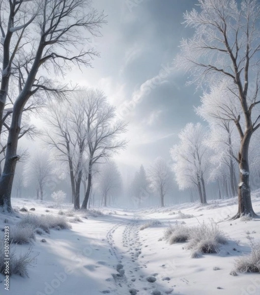 Fototapeta Serene snow-covered landscape with frozen trees and misty sky, snow,  frost,  winter wonderland