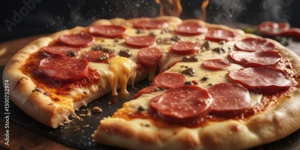 Fototapeta Sizzling hot pizza with melted cheese, pepperoni slices and steam rising from the surface,  pepperoni,  cheese