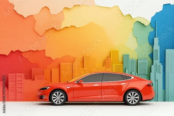 Obraz Red Electric Car Against Vibrant Pixelated Cityscape