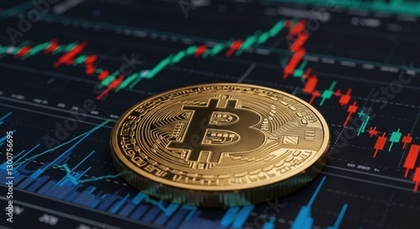 Fototapeta Bitcoin coin on stock market chart indicating trading trends. Generative AI