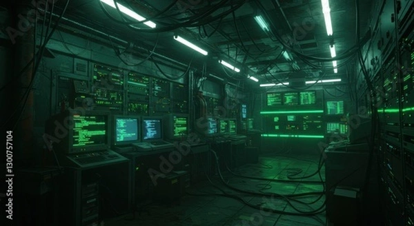 Fototapeta Dark computer lab with glowing green screens and cables. Generative AI