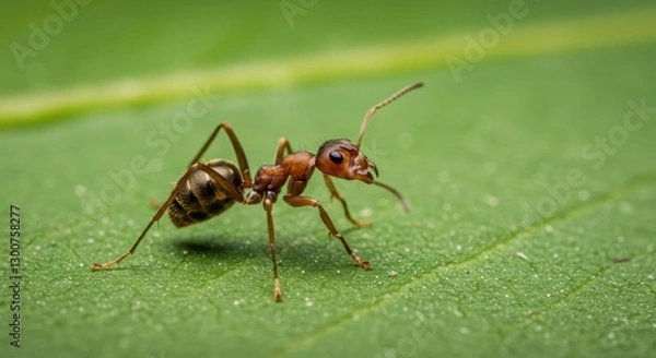 Fototapeta Close-up of an ant walking on a green leaf. Generative AI