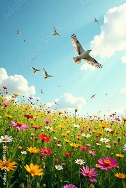 Obraz A flock of birds flying over a field of wildflowers , clouds, landscape, flight