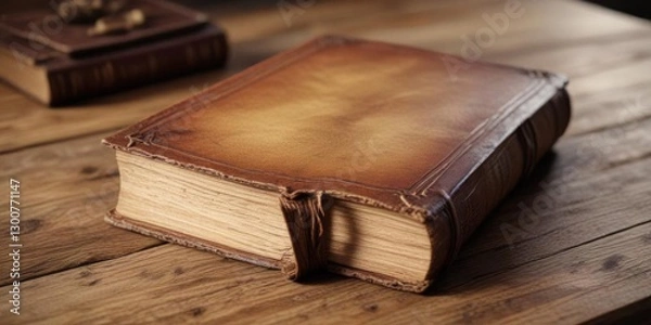 Fototapeta Close-up of an old book on a wooden table, yellowed pages and worn leather binding,  classic novel,  leather binding