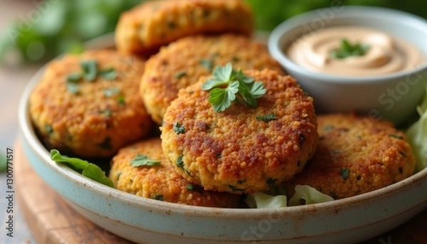 Fototapeta Crispy vegan falafels made from blended chickpeas, fresh herbs, and spices, served with a creamy tahini sauce