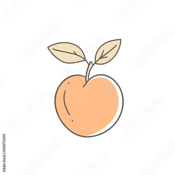 Fototapeta Sweet Peach Illustration: A minimalist line drawing of a peach with leaves against a white background.