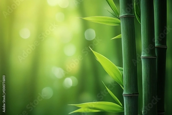 Fototapeta Green bamboo stalks sway gently in a serene forest setting illuminated by soft sunlight filtering through leaves