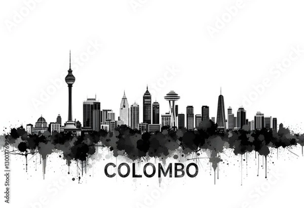 Obraz Colombo Sri Lanka Skyline BW, travel art illustration urban modern downtown landmarks skyscrapers artwork abstract architecture digital office home decor, Black and white skyline of Colombo, Sri Lanka