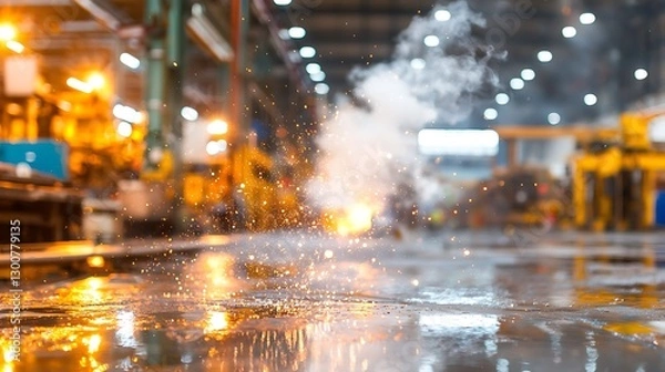 Fototapeta Illuminated Factory Floor Featuring Sparks Flying Amidst Heavy Machinery in a Dark Environment