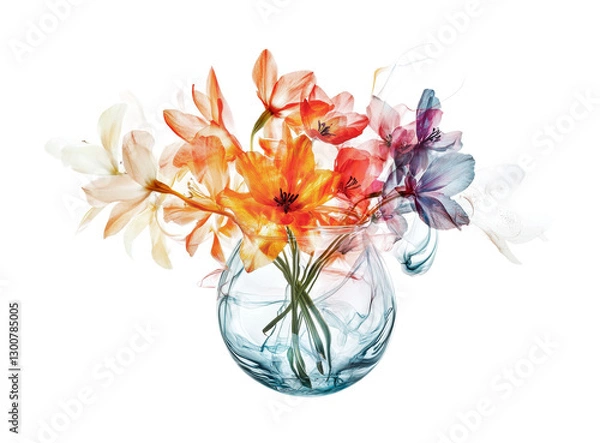 Fototapeta Colorful arrangement of flowers in glass vase for home decor showcasing vibrant hues and delicate details, cut out