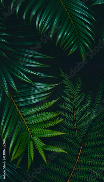 Fototapeta closeup nature view of palms and monstera and fern leaf background. Flat lay, dark nature concept, tropical leaf, cinematic. with white shades