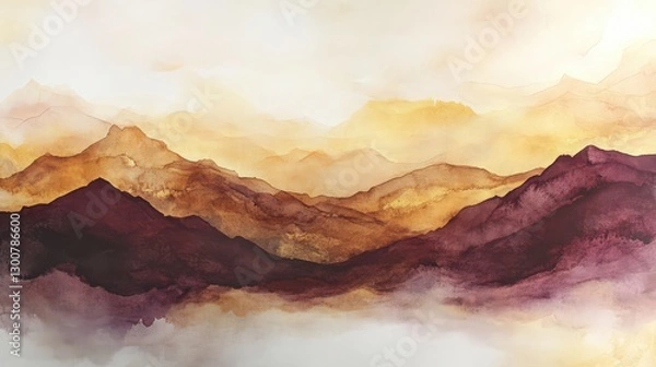 Fototapeta Watercolor mountain range landscape with shades of ochre and burgundy