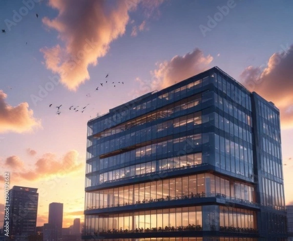 Fototapeta Modern office building at sunset with a bright blue sky and a few birds flying in the air,  office,  urban,  architecture