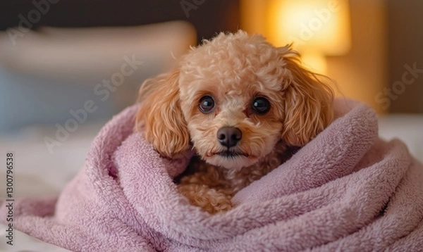 Obraz Cute small dog wrapped in soft blanket resting indoors at night