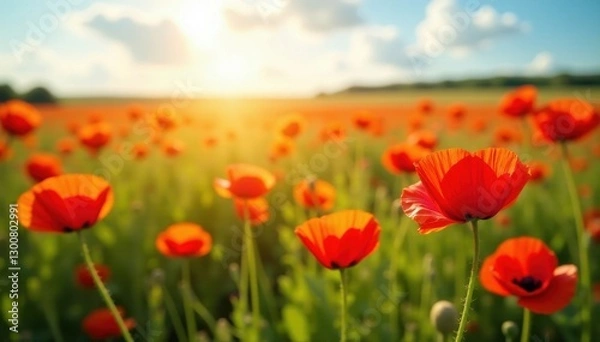 Fototapeta Crimson poppies sway gently in a sun-drenched field , color, floral