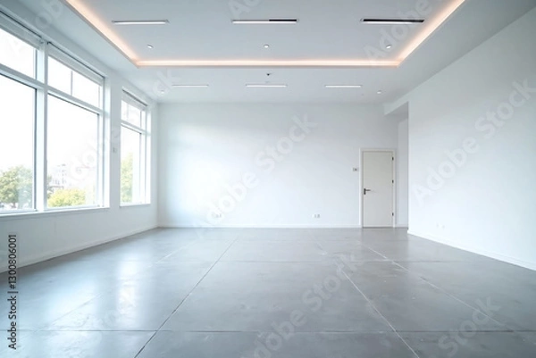 Fototapeta long empty room with large windows and a door