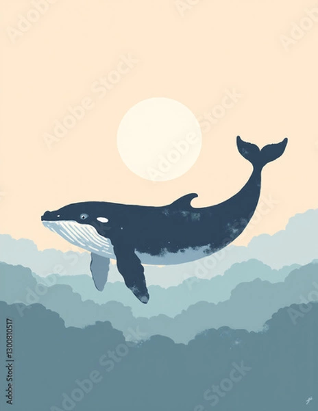 Fototapeta minimalist whale drifting in the sky art